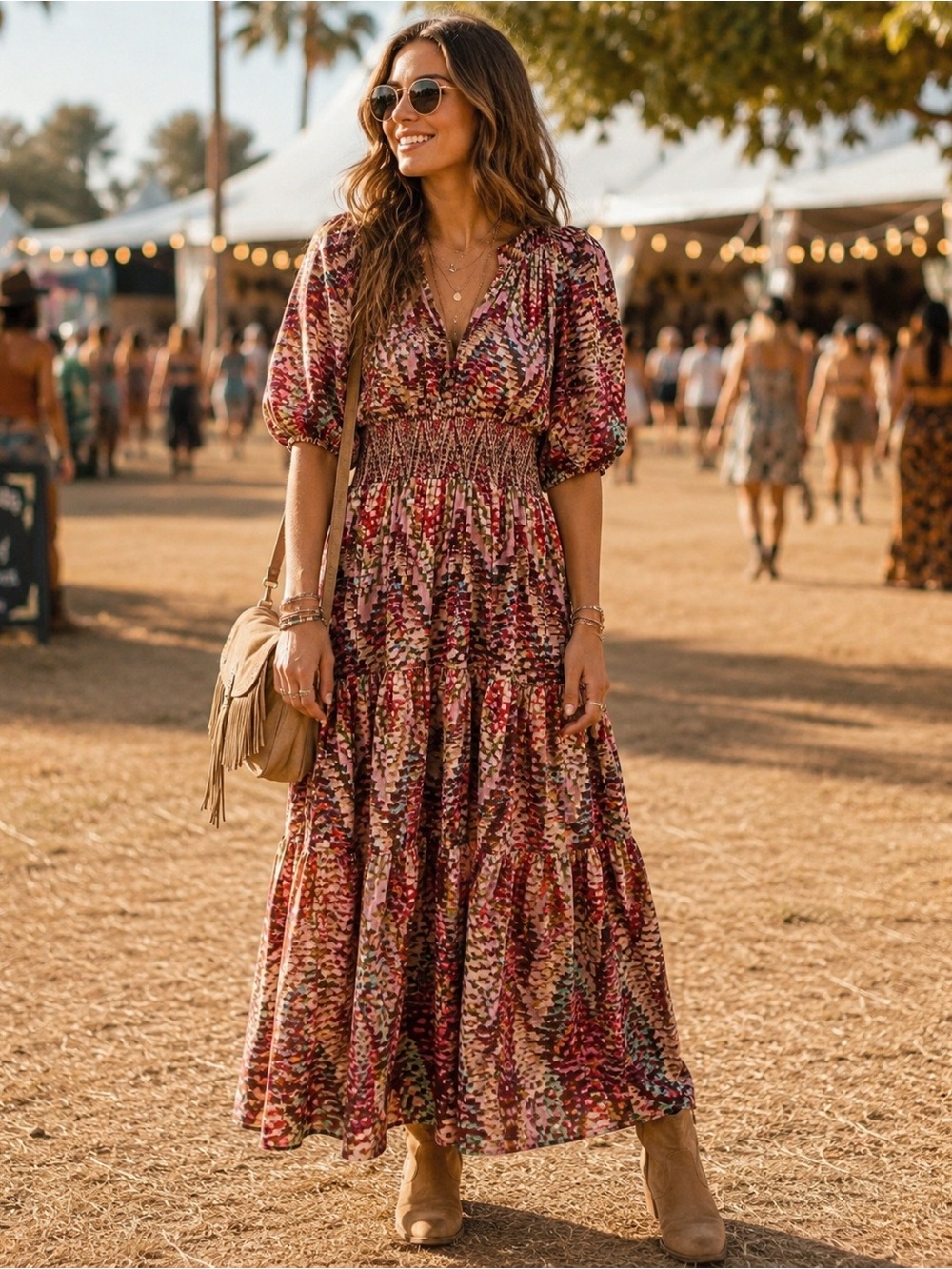 CONDITIONS APPLY Anthropologie Puff Sleeve Midi Dress Size 2 Boho Festival